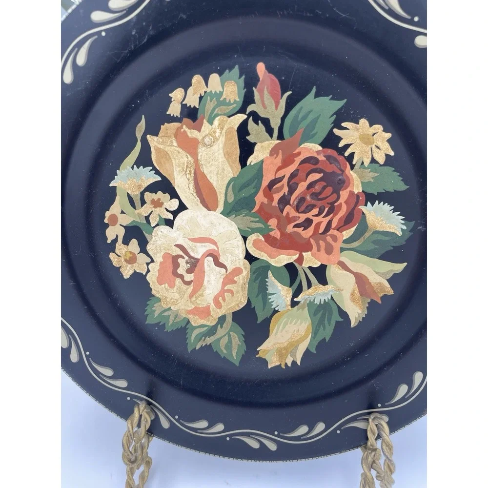 Vintage Toleware Plate Black Wall Pocket Hand Paint‎ Roses w/Succulent Florals